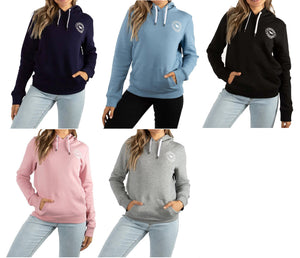 A woman models the Ringers Western Womens Signature Bull Hoodie in five different colors: dark blue, light blue, black, pink, and gray. Each cotton hoodie features a white drawstring and a circular logo on the chest. She pairs these hoodies with light blue jeans in all images.