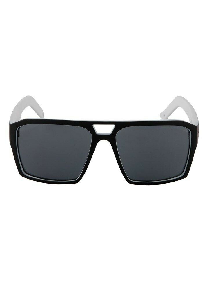 Introducing the UNIT Vault Eyewear: a pair of black rectangular sunglasses with dark lenses and sleek white temple arms. These lightweight frames feature a distinctive small triangular cutout above the nose bridge and provide UV protection for your eyes.