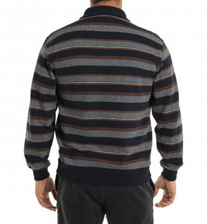 A person facing away from the camera is wearing the Breakaway Jordan French Rib Half Zip, a versatile jumper featuring navy blue, gray, and brown horizontal stripes with a half zip placket. They are also wearing dark pants against a plain white background.