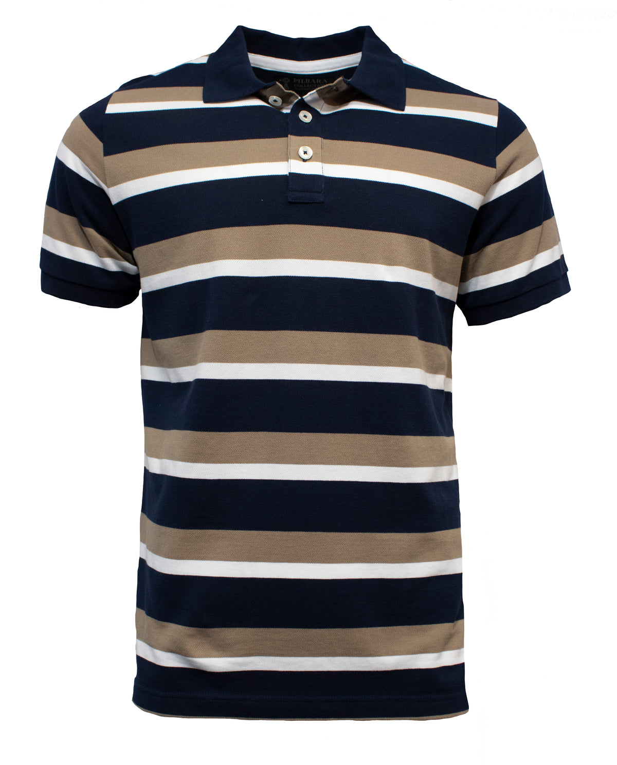 The Pilbara Striped Polo Shirt is short-sleeved with horizontal stripes in navy blue, beige, white, and brown. It features a collar, two buttons, and a relaxed fit. Made from 100% cotton, the fabric feels soft and comfortable.