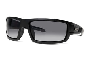 The Liive Z Saw Safety Sunglasses are black rectangular-framed with dark lenses, featuring a sleek, modern design. They offer medium impact resistance with a solid frame and wide arms, while their polycarbonate lens provides UV protection for your eyes.