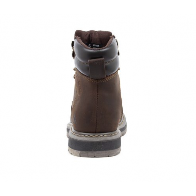 Rear view of a single brown leather Colorado Altitude Boot with a thick, durable high-traction sole. The boot features black padded ankle support and metal eyelets for laces. The sole's traction pattern ensures better grip, and the stitching along the base is clearly visible.