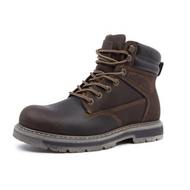 Introducing the Colorado Altitude Boot, a dark brown, rugged high-top leather work boot featuring tan stitching, thick laces, a padded collar, and a sturdy high-traction sole. Designed for durability and comfort in demanding work environments.