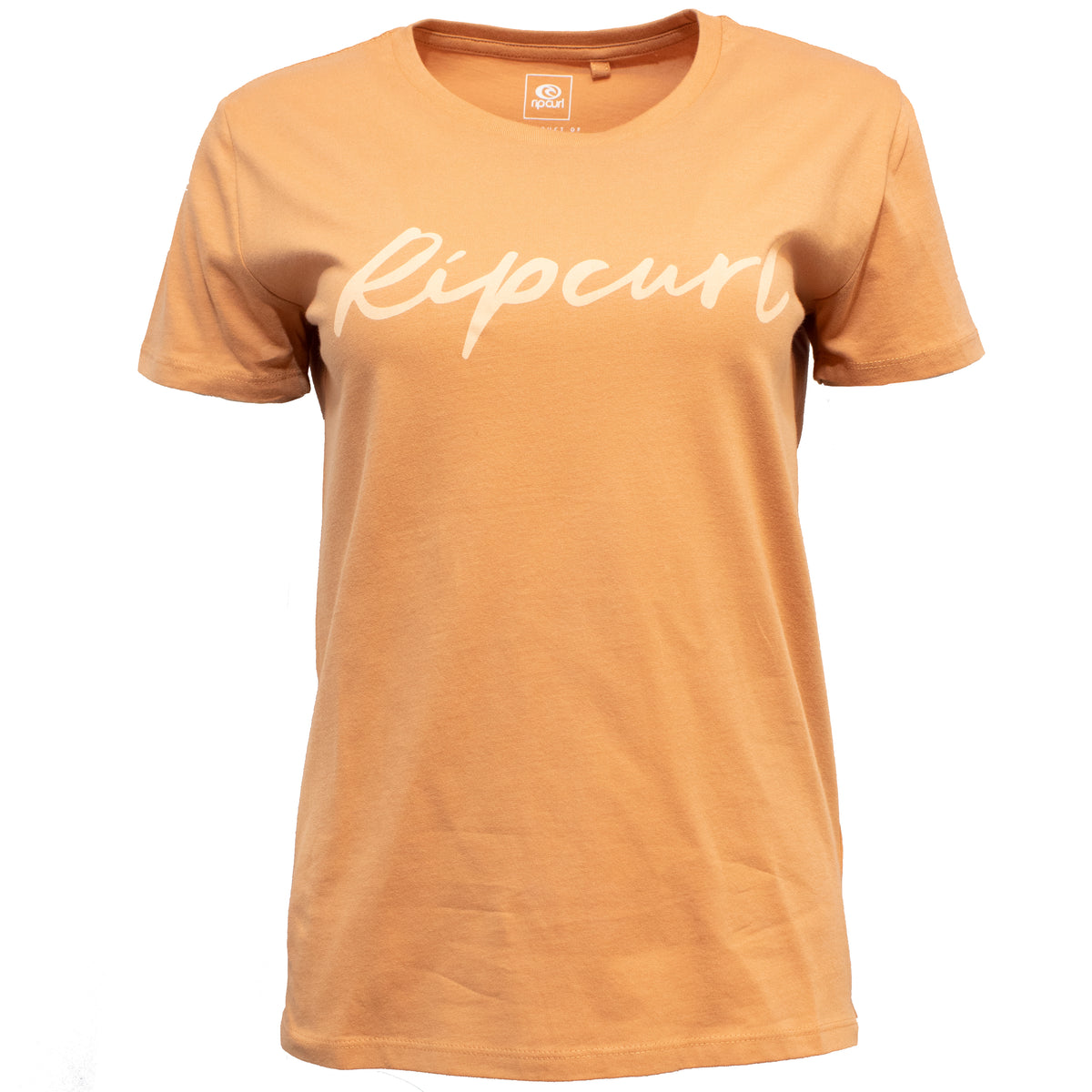 The Rip Curl Script Standard Tee is a light orange, short-sleeve crew neck T-shirt with "Ripcurl" in white script across the chest, shown against a plain white background.