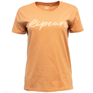 The Rip Curl Script Standard Tee is a light orange, short-sleeve crew neck T-shirt with "Ripcurl" in white script across the chest, shown against a plain white background.