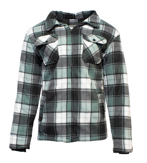 The Pilgrim Sherpa Zip Jacket is a green, black, and white plaid casual jacket with a zip front, two buttoned chest pockets, long sleeves, a collar, and cozy polyester fabric for cool weather.