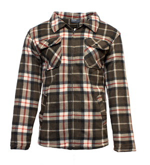 The Pilgrim Sherpa Zip Jacket features long sleeves, a zip front, and vibrant green, red, white, and black plaid. Made from polyester with two buttoned chest pockets and flaps, it includes a cozy sherpa lining for warmth and comfort in colder weather.