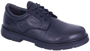 The Slatters Senator is a single black leather shoe boasting a lace-up design, rounded toe, and cushioned thick sole. This stylish shoe features a leather upper with the brand logo embossed on the side. Its modern, sturdy appearance makes it perfect for both formal and semi-formal occasions.
