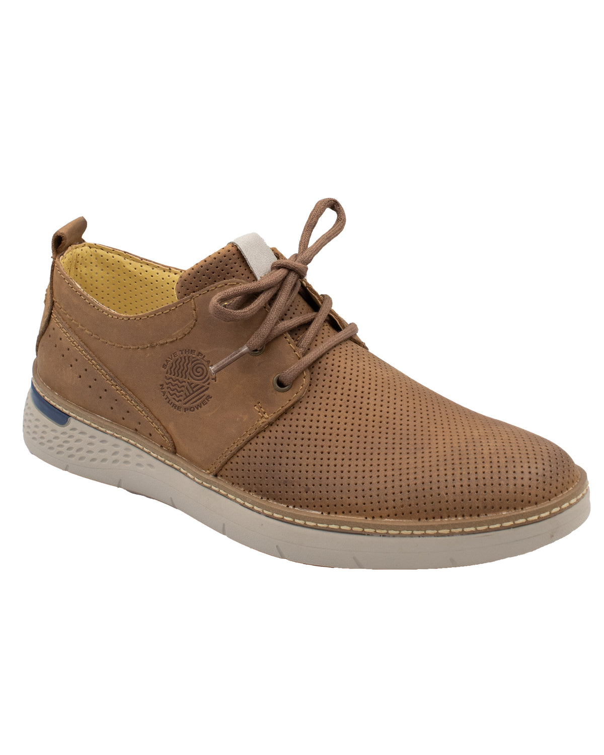The Slatters Jagger is a single brown casual shoe with a perforated leather upper, lace-up closure, and an ultra-lightweight gray rubber sole. It features an embroidered logo near the heel and a white tab accent at the back of the sole.