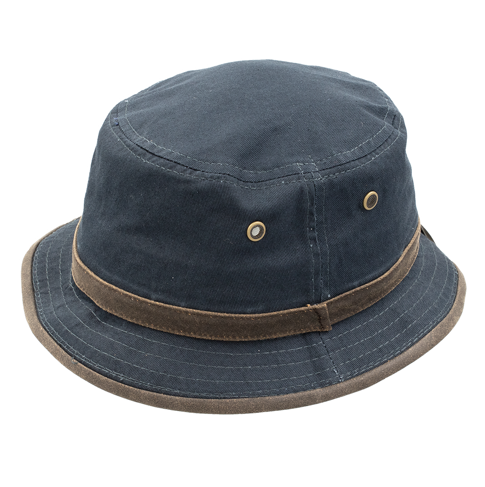 The Dot & Co Cotton Small Brim Weathered Hat is a dark blue, lightweight hat featuring a brown band, metal side eyelets, and UPF50+ sun protection for a stylish yet practical look.