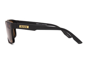 The Liive Split Polar PG937 Sunglasses feature a sleek black, thick frame with a rectangular shape and brown polycarbonate lenses offering UV protection. The solid side arms carry a gold emblem displaying the brand name "Liive," with the model name "Split Polar PG937" also visible on them.