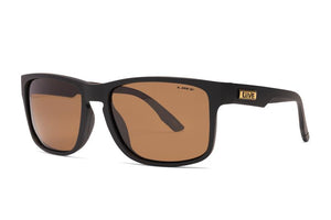 The Liive Split Polar Sunglasses feature a black rectangular frame with amber-tinted polycarbonate lenses. The word "LIIVE" is elegantly displayed in gold lettering on the temples, providing UV protection while delivering a sporty and stylish appearance.