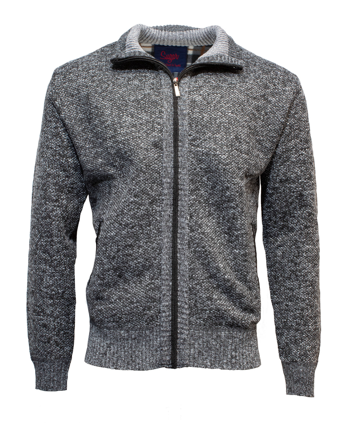 The Sugar Kendry Full Zip Polar Fleece Cardigan is a gray zip-up with a textured knit pattern, made from super soft fleece. It includes ribbed collar, cuffs, and hem, plus a black full zip front for stylish convenience.
