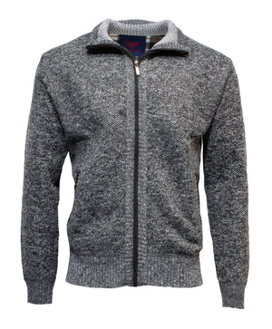 The Sugar Kendry Full Zip Polar Fleece Cardigan is a gray zip-up with a textured knit pattern, made from super soft fleece. It includes ribbed collar, cuffs, and hem, plus a black full zip front for stylish convenience.