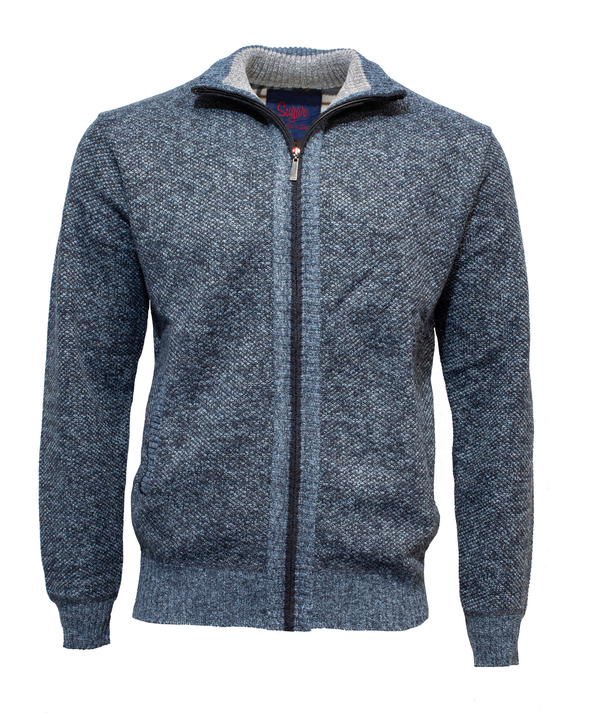 The Sugar Kendry Full Zip Polar Fleece Cardigan is a blue knit-textured jumper with ribbed collar, cuffs, and hem. It includes black trim along the zipper for a stylish and comfortable look.
