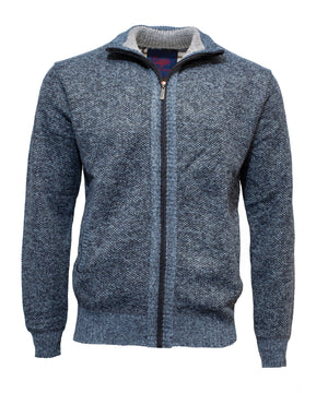 The Sugar Kendry Full Zip Polar Fleece Cardigan is a blue knit-textured jumper with ribbed collar, cuffs, and hem. It includes black trim along the zipper for a stylish and comfortable look.