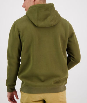 A person is seen from the back wearing a Swanndri Original Fleece Hoody in olive green and beige pants. The casual hoodie, featuring a relaxed fit with soft loop-back fleece, stands out against the plain white background.