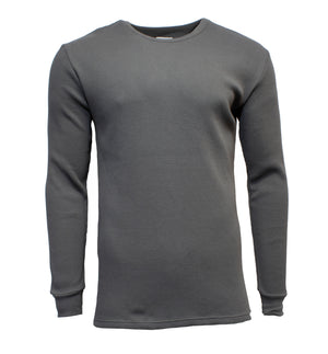 A grey, long-sleeve thermal shirt from The Academy Brand's Sycamore Crew, made of 100% cotton with a ribbed texture and crew neckline, is shown against a white background. This jumper features a minimalist design and neutral color for a classic, versatile look.