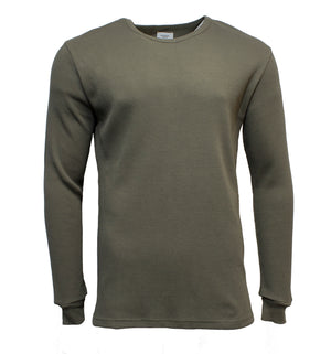 The Academy Brand Sycamore Crew is a plain, olive green long-sleeve thermal shirt with a relaxed fit and crew neckline. Made from 100% cotton in waffle-knit texture, it features no visible logos or patterns and is shown on a white background.