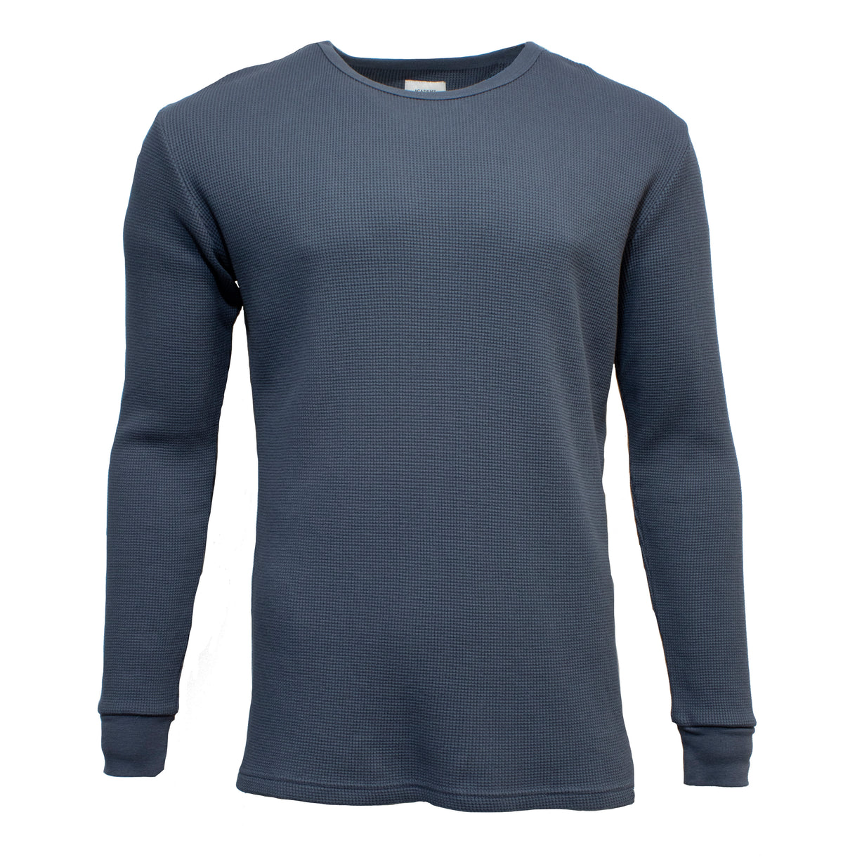 The Academy Brand Sycamore Crew jumper, shown on a white background, is a plain, dark gray, long-sleeve crew crafted from 100% cotton. It features a round neckline and ribbed cuffs with smooth and textured fabric.