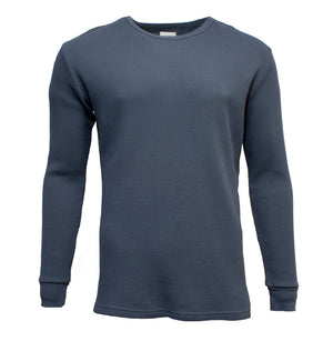 The Academy Brand Sycamore Crew jumper, shown on a white background, is a plain, dark gray, long-sleeve crew crafted from 100% cotton. It features a round neckline and ribbed cuffs with smooth and textured fabric.