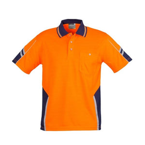 The Syzmik Hi Vis Squad Polo is a bright orange short-sleeve polo shirt made from 100% polyester. It features a navy blue collar and sleeve accents, a front pocket with a button closure on the left chest, and additional navy blue and gray detailing on the sides and sleeves. This hard-wearing polo is designed for durability and visibility.