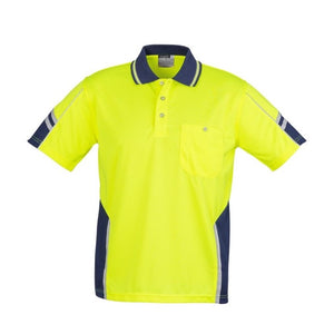 The Syzmik Hi Vis Squad Polo is a high-visibility yellow, hard-wearing polo shirt featuring a dark blue collar and shoulder accents, short sleeves with reflective strips, and a front chest pocket.