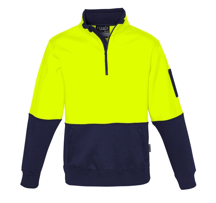 Introducing the Syzmik Hi Vis Half Zip Pullover: a high-visibility work jumper featuring a bright yellow upper and dark navy blue lower section, sleeves, and collar. Made from comfortable polyester/cotton fleece, it includes ribbed cuffs and hem along with a handy pocket on the left sleeve.