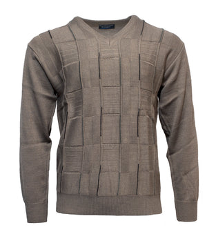 The Ansett Tradewinds Wool Blend Vee Knit is a beige, long-sleeve sweater with a V-neck, soft acrylic-wool blend, textured geometric square pattern, and ribbed cuffs and hem, shown on a white background.