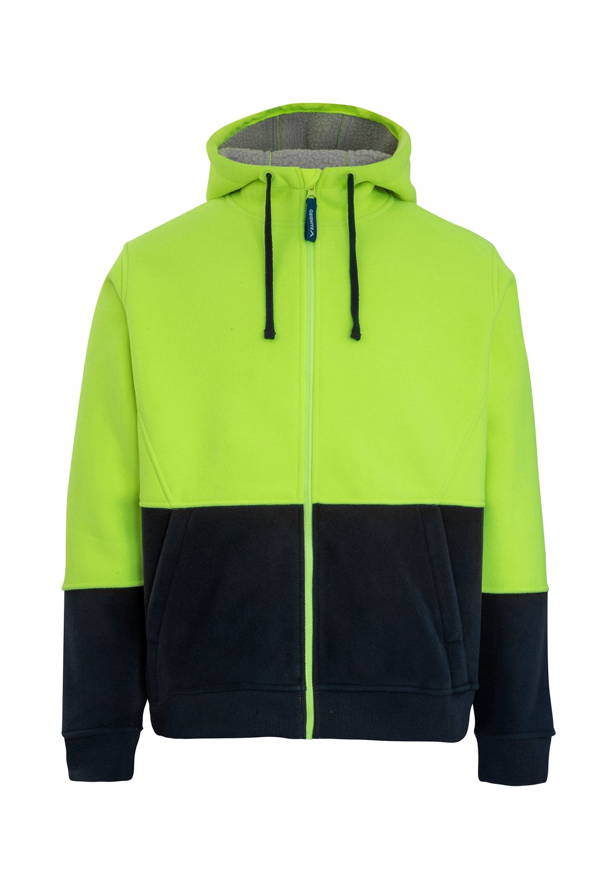The Rainbird Taylor Sherpa Hoodie is a comfortable hoodie with a unique divided color scheme: bright neon green on the upper half and black on the lower half. It features a front zipper, drawstrings at the hood, and two front pockets, with a warm sherpa inner lining for extra comfort.