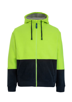 The Rainbird Taylor Sherpa Hoodie is a comfortable hoodie with a unique divided color scheme: bright neon green on the upper half and black on the lower half. It features a front zipper, drawstrings at the hood, and two front pockets, with a warm sherpa inner lining for extra comfort.