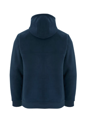 A view from the back of the Rainbird Taylor Sherpa Hoodie in dark blue, showcasing its hood up. The hoodie sports a minimalist and clean design with no visible logos or patterns, complemented by a straight hem at the waist and cuffed sleeves. Its sherpa inner lining provides additional warmth, making it ideal for chilly days, and it also offers UPF 50+ protection.