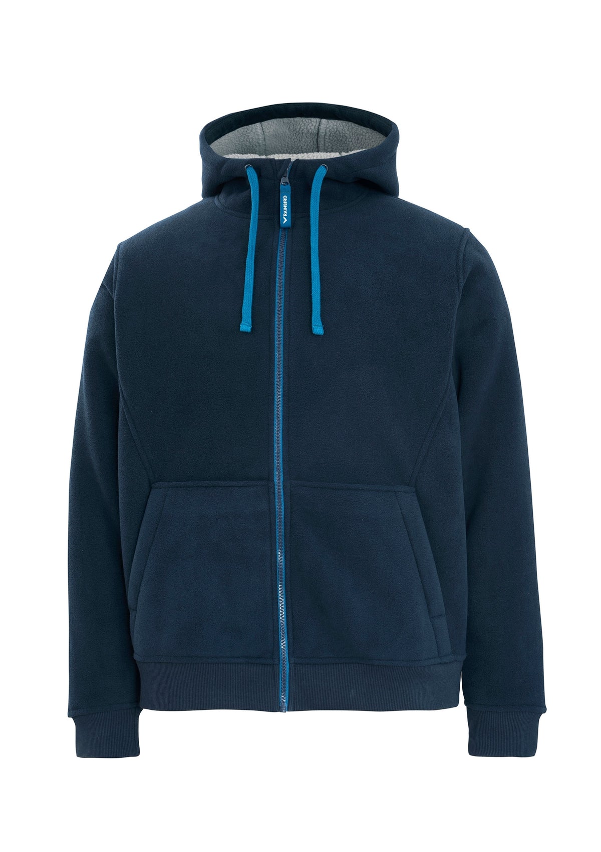 The Rainbird Taylor Sherpa Hoodie is a navy blue full-zip hoodie that features two blue drawstrings, a blue zipper, and two front pockets. It has a sherpa inner lining for extra warmth and comfort, while the lighter gray hood adds contrast. This simple and casual hoodie also offers UPF 50+ protection for sunny days.