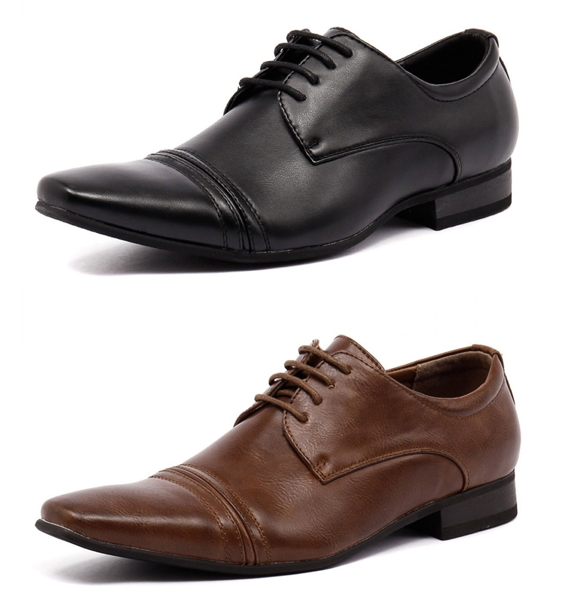 A side view of two UNcut Bartell Shoes for men, one in black and the other in brown. Each features a lace-up closure and slightly pointed toes. The leather finish showcases decorative stitching on the toe cap, displayed against a white background.