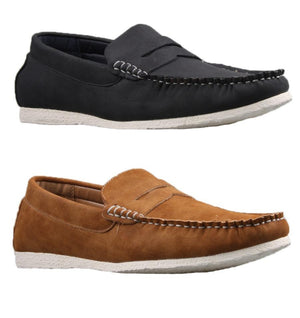 An image showcasing two pairs of UNcut Waves shoes on a white background. The top pair, in classic black with decorative stitching and white soles, exudes a casual look. The bottom pair is brown with similar stitching and white soles. Both pairs feature a convenient slip-on design and come in UK sizing.