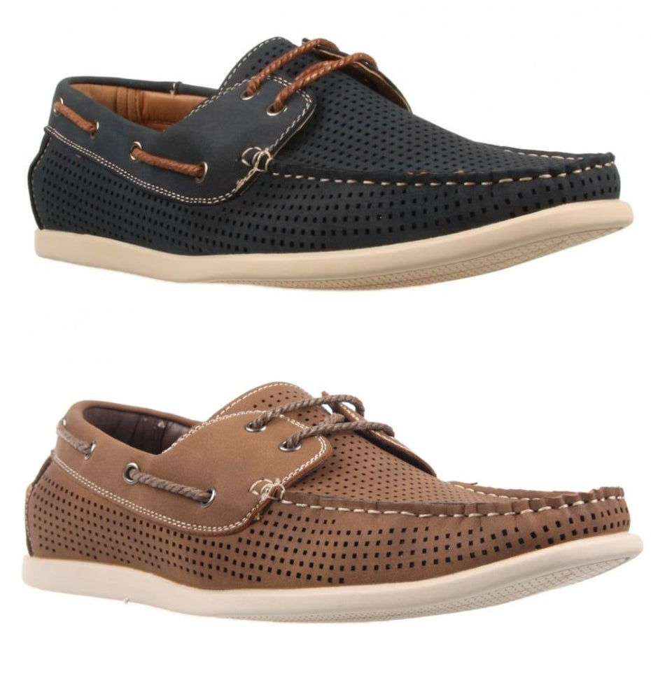 An image of two pairs of men's UNcut Maya moccasin-style lace-up boat shoes, one in black and one in brown. Both feature white soles, perforated detailing on the uppers, and leather laces. Displayed against a white background, these shoes come in UK sizing for a perfect fit.