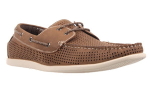 The UNcut Maya Shoe is a single brown men's lace-up boat shoe with a perforated upper on the sides and top. It features white stitching, brown laces threaded through silver eyelets, and a white sole. Angled slightly to the left, it showcases its side and part of the front. Available in UK sizing.