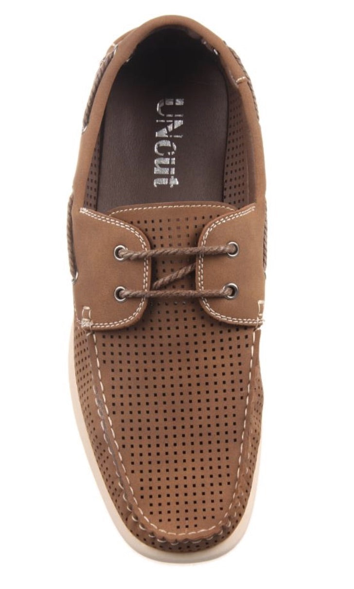 A top view of the UNcut Maya Shoe, a single brown moccasin-style men's lace-up boat shoe with a perforated upper. The shoe features white stitching around the edges, eyelets with brown laces threaded through, and UK sizing. The interior is lined with dark material and the sole is light-colored.