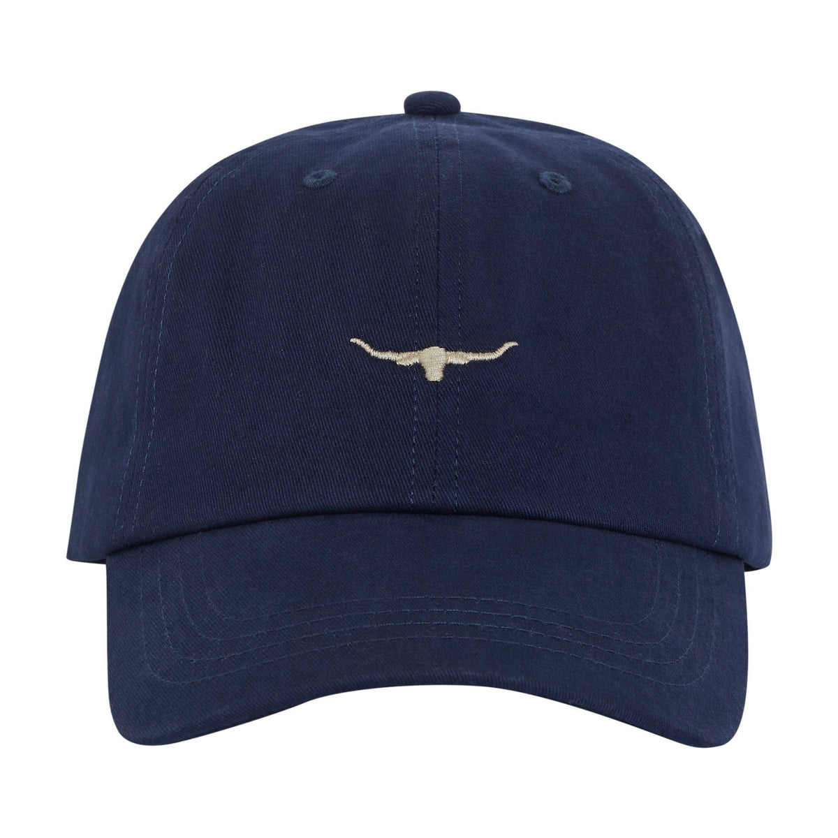 The RM Williams Mini Longhorn Cap is navy blue, made from 100% cotton, and features a small beige embroidered steer head logo on the front.