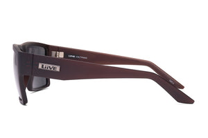 Side view of Liive Volt Sunglasses shows thick arms and a small metal logo offering great UV protection. Dark tinted polycarbonate lenses, with the brand "liive" and model "Volt PHG3" visible inside the arm.