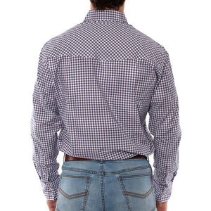 A person is shown from the back wearing a Ringers Western Wyoming Shirt, a long-sleeved, checkered shirt in shades of white, purple, and navy blue. Made from 100% cotton, this semi-fitted shirt pairs perfectly with their light blue jeans. The person's left hand is partially visible, resting by their side.