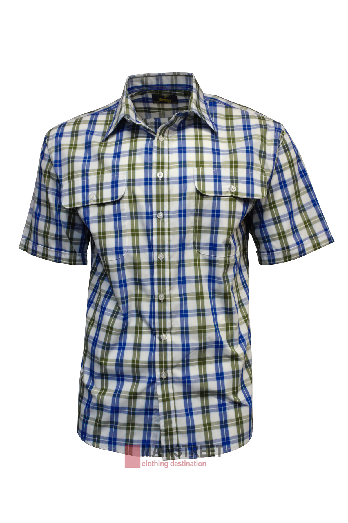 The Bisley Countryman Short Sleeve Shirt has a blue, green, and white plaid design with two chest pockets, made from a durable Polyester/Cotton blend and photographed against a plain white background.