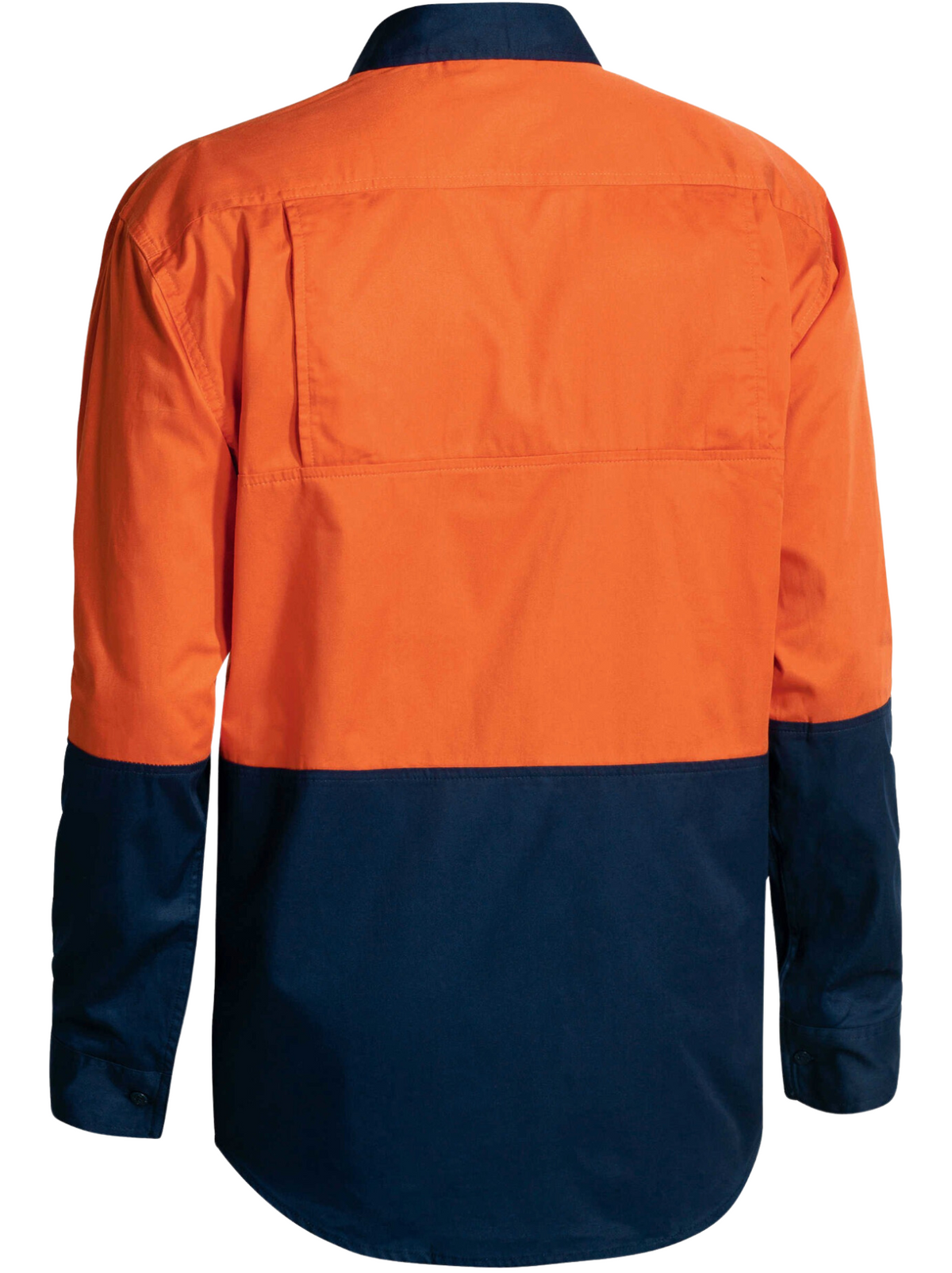 The Bisley Hi Vis Cool Lightweight Drill Shirt is a long-sleeve cotton drill work shirt with a bright orange upper back, dark navy lower back, a horizontal color block design, and a curved hem.