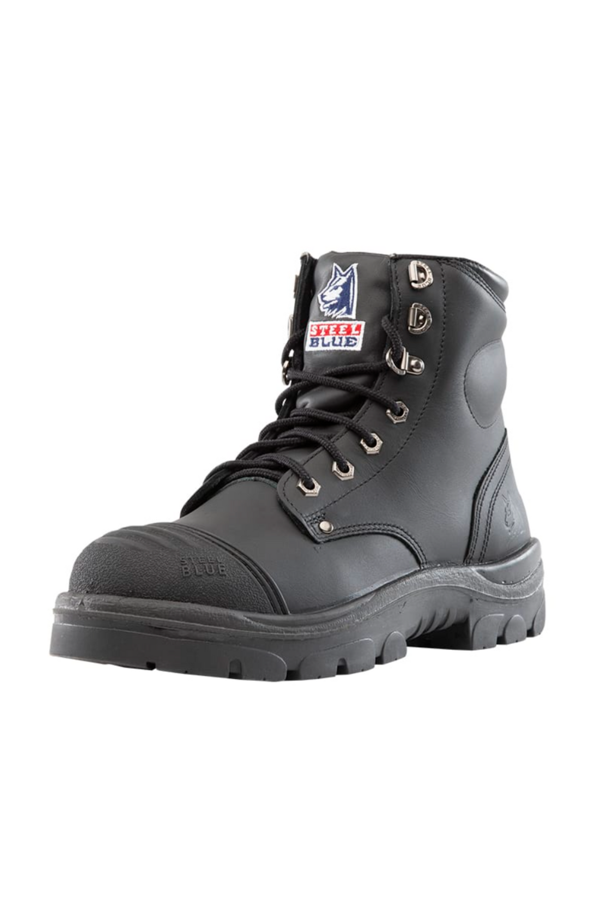 A single Steel Blue Argyle Zip Scuff Cap Boot in black, featuring a thick tread, metal eyelets, and laces. The boot includes a logo patch with a wolf symbol and the text "Steel Blue" on the tongue. Designed for construction workers, this boot offers heavy-duty use and durable foot protection with a safety steel toe.