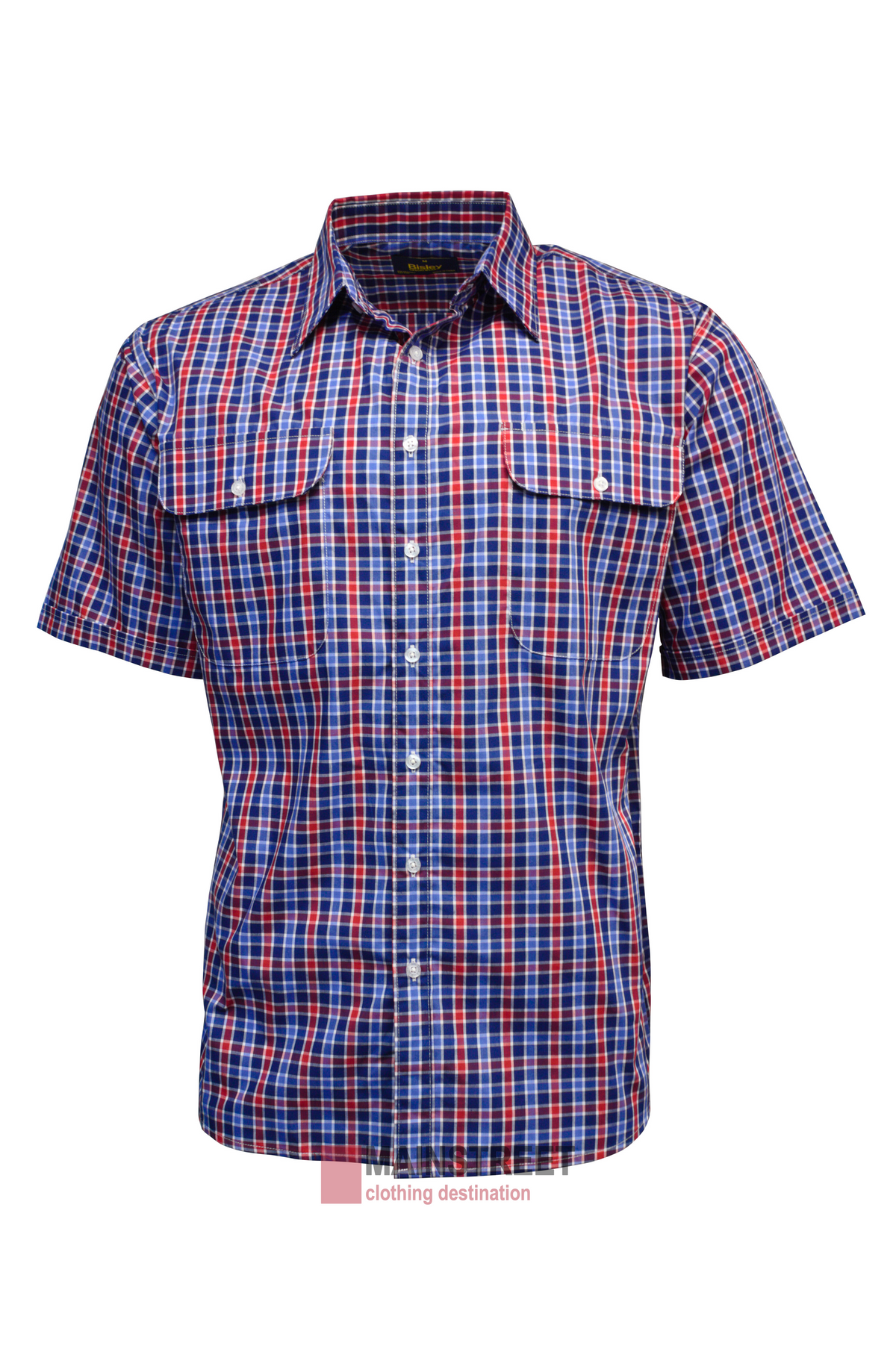 The Bisley Countryman Short Sleeve Shirt showcases a blue, red, and white plaid design with flap front pockets and a collar. Made from a durable polyester/cotton blend, it is displayed on a white background.