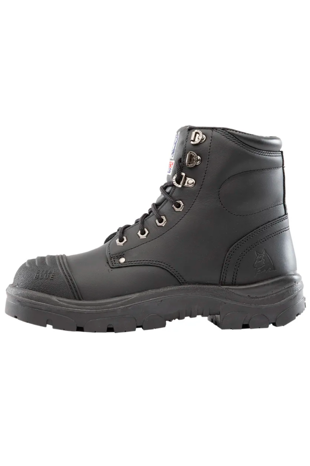 The Steel Blue Argyle Zip Scuff Cap Boot is a black work boot with a sturdy rubber sole, featuring six pairs of metal eyelets for laces and extra ankle padding. Crafted from durable leather, these boots are ideal for construction workers, equipped with a safety steel toe and an embossed logo near the heel.