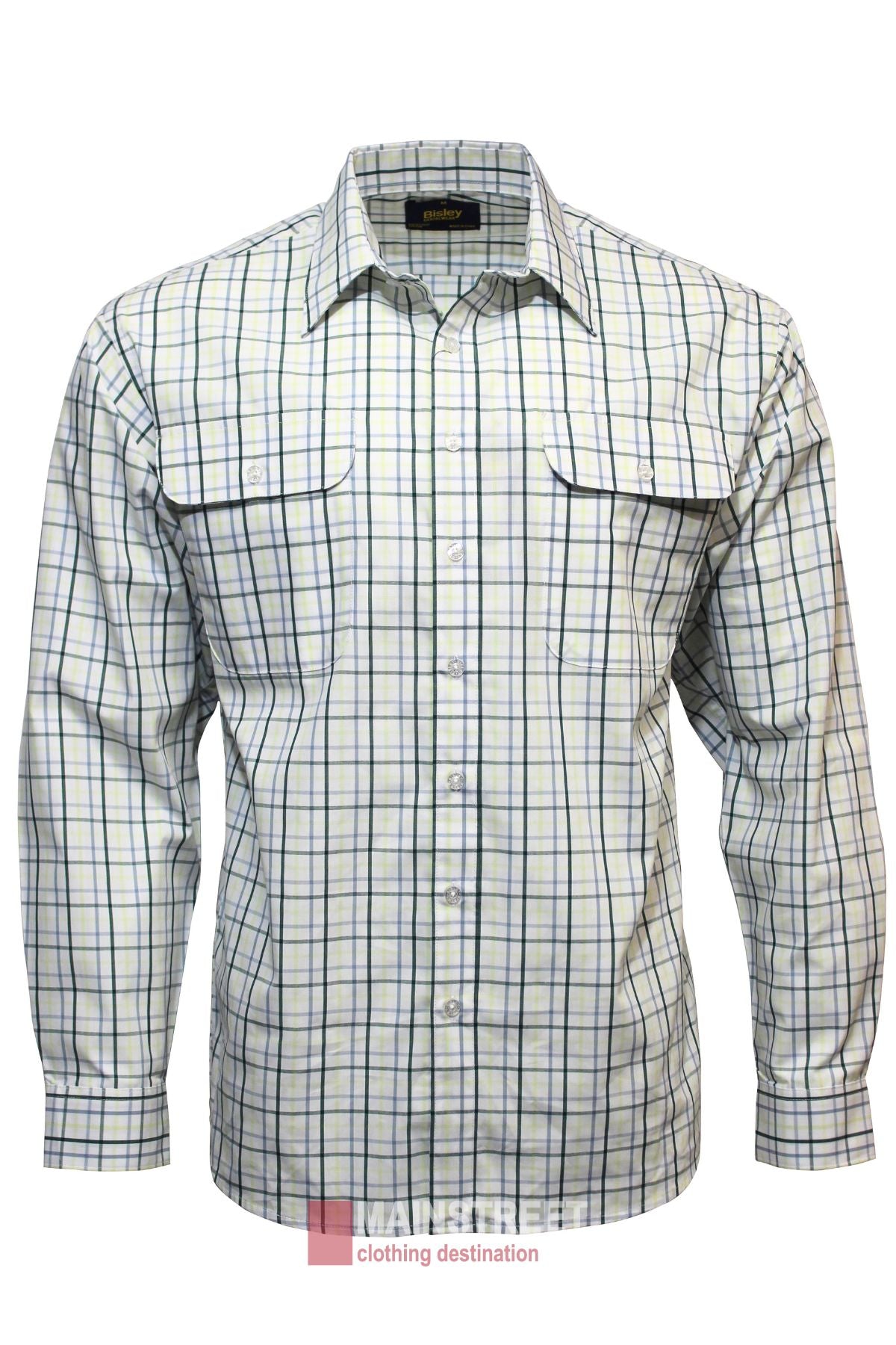 The Bisley Countryman Shirt is a long-sleeve, blue and green plaid button-up featuring a spread collar and buttoned flap chest pockets, shown against a white background.