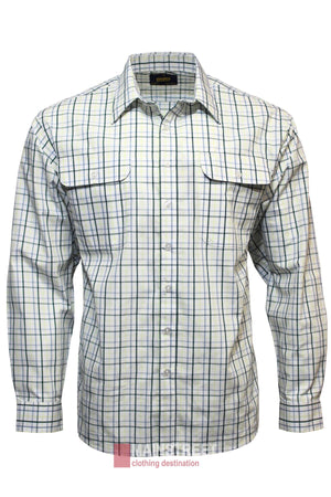 The Bisley Countryman Shirt is a long-sleeve, blue and green plaid button-up featuring a spread collar and buttoned flap chest pockets, shown against a white background.