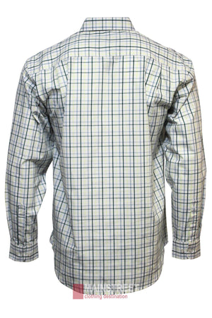 Back view of the Bisley Countryman Shirt, showcasing its white base with blue and green plaid, a collar, buttoned cuffs, and classic chest pockets for utility.
