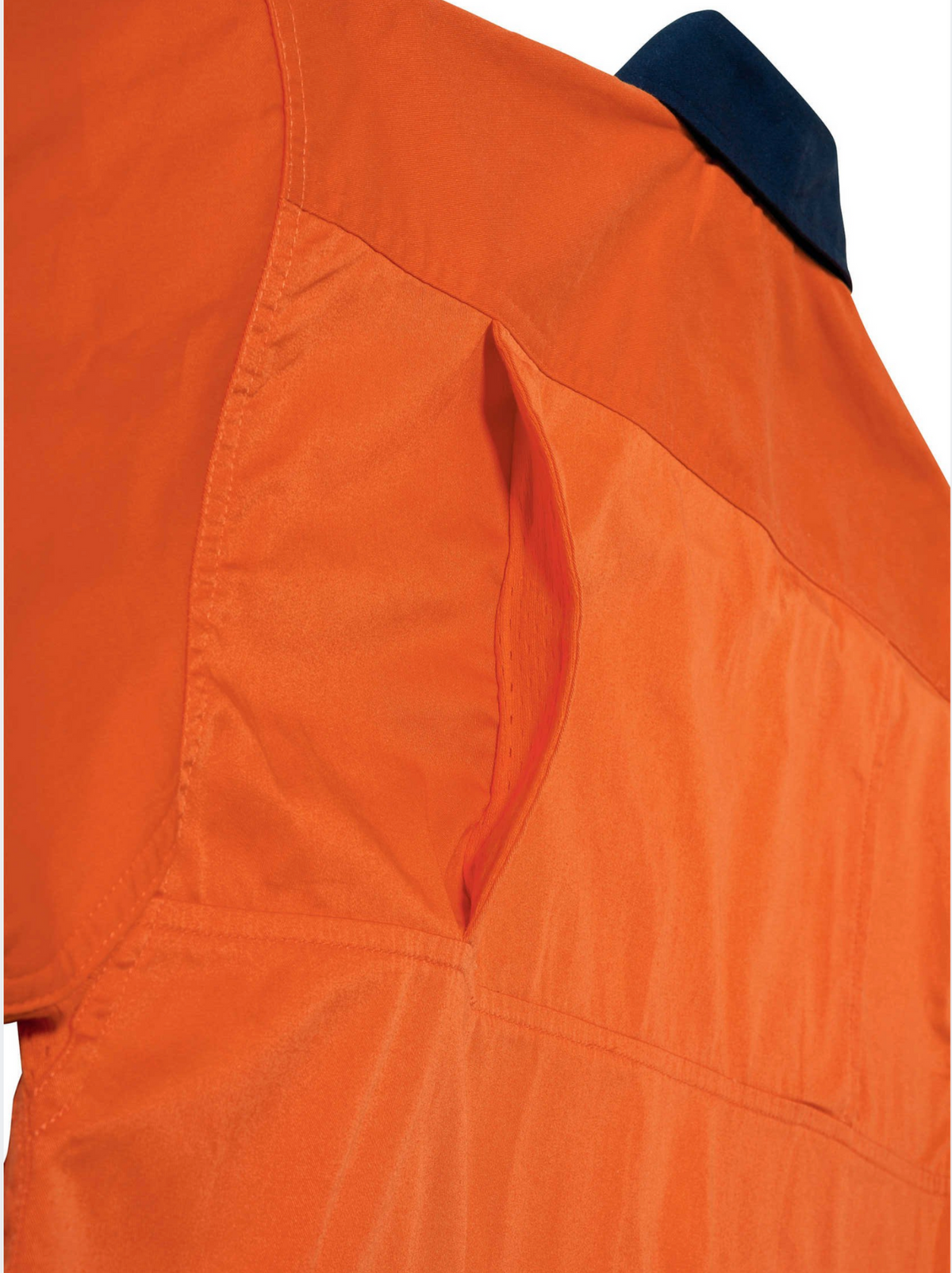 Close-up of the Bisley Hi Vis Cool Lightweight Drill Shirt in orange, showing a ventilation opening under the arm and a contrasting dark collar.